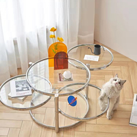 Table de café ronde en verre et acier inoxydable, meuble de salon d'appartement, design moderne, forme circulaire, gris argent