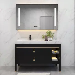 Tocador de espejo de baño de moda Gabinete de diseño de rayas de madera montado en la pared con espejo LED Tocador de lavabo impermeable