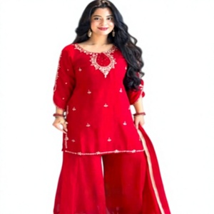 Conjunto de Kurti Rojo con Estampado en Relieve de Piel Sintética de Secado Rápido con Palazzo y Dupatta para Mujer, Ropa Tradicional India y Pakistaní para Bodas, Corte Regular - Product Image 1