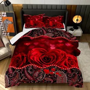 عالية الجودة المعزي مجموعة الأحمر روز لحاف دعوى الملك حجم 3d طقم سرير