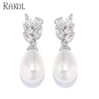 RAKOL EP2439 Perla brillante con pendientes de circonita cúbica en forma de hoja Tachuelas populares Joyería hipoalergénica