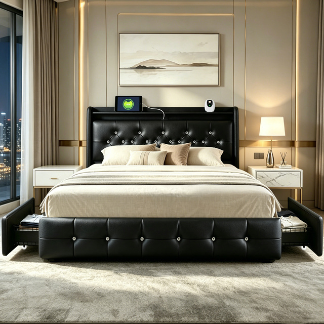 Star Sky Projector RGB LED Strip Bluetooth Speaker Charging Ports Storage Drawers Luxury Modern Velvet Bed Frame