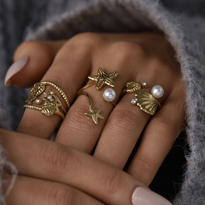 Bague ouverte ajustable en acier inoxydable, style mode, ornée de <span class=keywords><strong>strass</strong></span>, zircon, perle, coquillage, étoile de mer et conque, bijou étanche - Product Image 4
