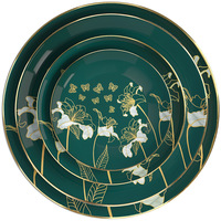 Services de table en porcelaine fine vert foncé pour mariage, assiettes à pain et assiettes plates au design moderne et écologique