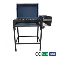 Barbecue à charbon de bois double zone haut de gamme avec couvercle rabattable, grille latérale en acier bleu 97x101cm, pour extérieur, certifié CE RoHS, avec poignée en bois
