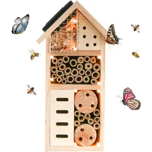 WILDMX Natural Wooden Insect Hotel Small Bee Bug House Wood Bee House