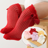 Chaussettes hautes en tricot avec nœud pour bébés filles, en coton peigné respirant, fines, pour nourrissons, tout-petits et nouveau-nés