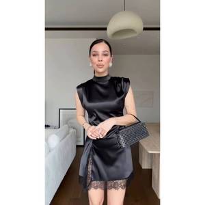 Vestido Mini de Lujo Negro Satinado con Encaje y Abertura, Cuello Alto, Ajustado, para Cóctel y Fiesta de Noche para Mujer 2026 - Product Image 3