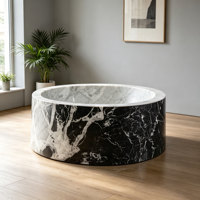 Baignoire double autoportante de luxe en marbre noir rond, baignoire en pierre naturelle pour hôtel et villa ultra-luxe