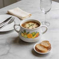 Bol à soupe en céramique à double poignée, imprimé fruits tropicaux (ananas, mangue), vaisselle en porcelaine pour la restauration en gros