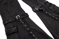 YUANBOFEI Jeans personnalisés de haute qualité, style rock, déchirés, avec détails de sangles, denim de travail, coupe évasée, effet allongeant les jambes, unisexe