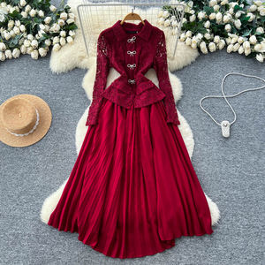 Abiti Eleganti <span class=keywords><strong>da</strong></span> <span class=keywords><strong>Donna</strong></span> con Fiocco in Pizzo, Maniche Lunghe, Vita Strutturata e Pieghe, Vestito Formale <span class=keywords><strong>da</strong></span> <span class=keywords><strong>Cerimonia</strong></span> - Product Image 1