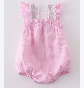 Wholesale Pink Baby Girls Bubble Rompers Embroidered Sleeveless Seersucker Newborn Rompers