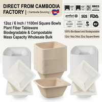 Bols carrés 12oz 6 pouces 1100ml en bagasse jetables, biodégradables, compostables, écologiques, en fibres végétales, vente en gros