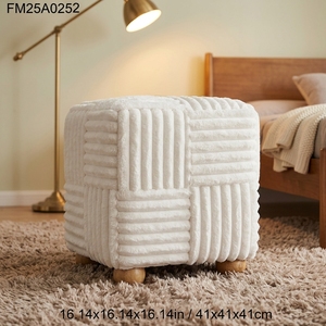 Pouf <span class=keywords><strong>carré</strong></span> rayé en peluche, repose-pieds moelleux avec pieds en bois, tissu en velours côtelé <span class=keywords><strong>blanc</strong></span> doux, repose-pieds pour salon - Product Image 2