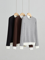 Pull en maille de coton doux et décontracté pour femme, coupe ajustée, col rond, manches longues, avec poignets contrastants blancs, idéal pour le quotidien et la superposition, vente en gros