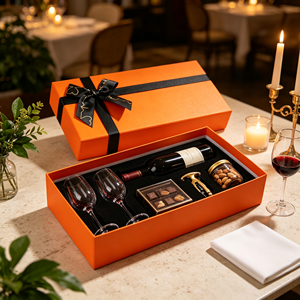 Caja de Regalo de <span class=keywords><strong>Vino</strong></span> Naranja con Copas de <span class=keywords><strong>Vino</strong></span> Tinto, Bombones, Sacacorchos, Almendras, Velas en Frasco, Embalaje de Mármol, Set de Regalo al por Mayor - Product Image 1