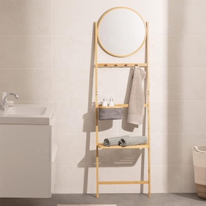 Moderno Portasciugamani Multifunzionale in Bambù per Bagno con Specchio, <span class=keywords><strong>Cestino</strong></span> e Rastrelliera Non Pieghevole per Vestiti e Coperte - Product Image 2