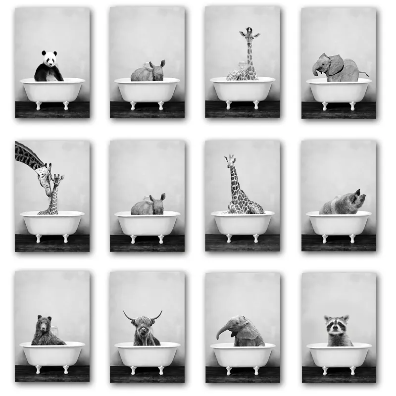 Abstract Animal Bathtub Bathing Poster Elephant Giraffe Nordic Wall Art Print Picture Canvas Painting Living Room Decoration