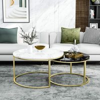 Ensemble de tables à manger gigognes à cadre doré, surface aspect marbre, rondes, design élégant, stable, facile à nettoyer, pour un salon confortable