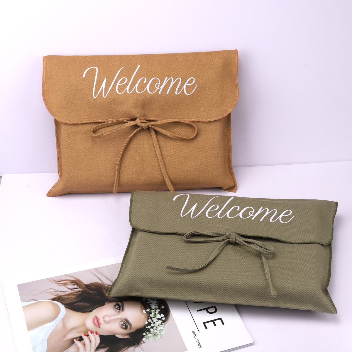 Custom Logo Printing Envelope Cotton Twill Clothes Handbag Pouch With Bow Colorful Dust Cotton Envelope Pouch