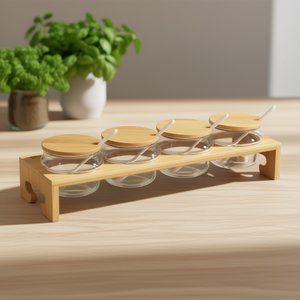 Ensemble de bar à confiture avec 4 bocaux en verre, couvercles en bambou et support pour le rangement des condiments - Product Image 3