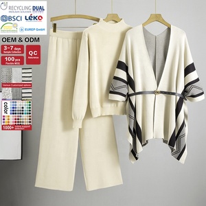 Ensemble 3 pièces tricoté pour <span class=keywords><strong>femme</strong></span>, style rétro, col montant, haut à manches longues, <span class=keywords><strong>pantalon</strong></span> large, grande taille, fabrication OEM&ODM sur mesure - Product Image 2