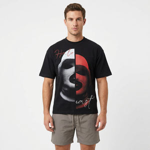 DTG Print Men's Black Short Sleeve T-<b>Shirt</b> With <b>Face</b> Print O-Neck Casual Regular Fit Jersey Knitted Breathable Cotton Top - Product Image 1