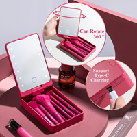 Ensemble de 14 pinceaux de maquillage BS-MALL Travel avec miroir éclairé par LED, étui portable, pinceaux synthétiques vegan avec étui miroir, marque privée