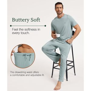 Wholesale <b>Men's</b> Bamboo Viscose <b>Pajama</b> Set Short Sleeve <b>Top</b> Long Pants 2 Piece Sleepwear Buttery Soft Drawstring Waist - Product Image 4
