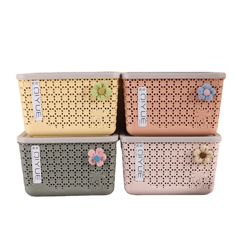 Wholesale Plastic Durable PP Hollow Storage Basket With Fabric Flower For Home Use