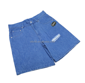 Shorts cargo en jean vintage surdimensionnés pour hommes, taille mi-haute, respirants, avec strass personnalisés, effet délavé, pour l'été - Product Image 5