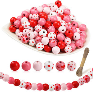 Wood Beads Set 180Pcs Round Pink <b>Red</b> Valentine's Day For <b>Bracelet</b> Making With 10M Hemp Rope Home Decoration Pendant - Product Image 1
