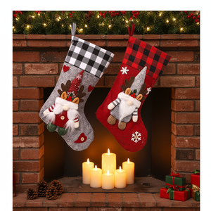 Calcetines Navideños Personalizados con Diseño 3D de <span class=keywords><strong>Bosque</strong></span>, Apliques y Puño a Cuadros, Decoración Navideña, Calcetines Grandes de Fieltro - Product Image 1