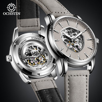 Montre mécanique automatique pour homme avec bracelet en cuir véritable, cadran en verre, aiguilles, boîtier en métal - Design de mode unique