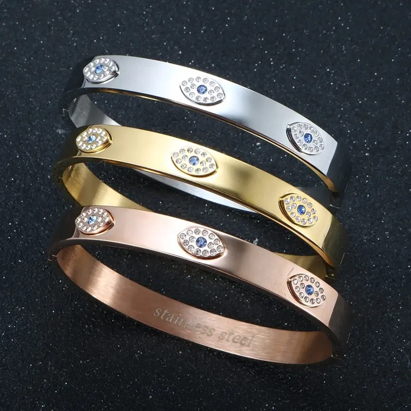 2022 Fashion Zircon Crystal Zircon Evil Blue Turkish Eye 18K Gold Plated Stainless Steel Bangle Bracelet For Women Men Jewelry