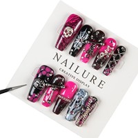 Ongles artificiels à presser faits main de haute qualité, style gothique punk sombre, avec chaîne métallique, pour manucure.