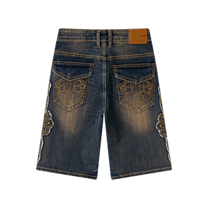 EN STOCK – Nouveauté : Short en jean pour homme, coupe droite, taille mi-haute, brodé, avec surpiqûres robustes et effet délavé Monkey Washed - Product Image 2