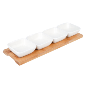 Ensemble de trempette en céramique 3 "bols à collation carrés sur 12" plateau en bambou ivoire blanc plats de service ensemble de 4 - Product Image 4
