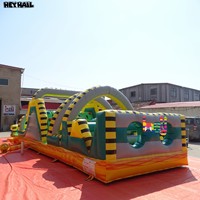 Parcours d'obstacles gonflable commercial sur le thème de la jungle avec toboggan et piscine, combo parcours d'obstacles à vendre