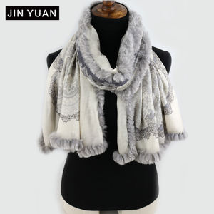 Écharpe d'hiver personnalisée en pure laine mérinos Écharpes en laine bordée de fourrure imprimée pour femmes Châle Pashmina <span class=keywords><strong>Poncho</strong></span> - Product Image 4