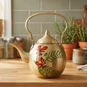 Bouilloire à thé dorée à motif floral avec poignée et couvercle, pot à eau en métal, design floral - Product Image 6