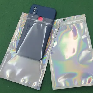 Custom One side clear transparent zip mylar bag ECO plastic Packing Resealable Pouch silver holographic laser Zipper lock Bags