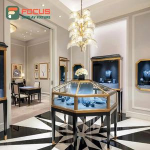 High End Glass Display <b>Shelves</b> Metal Frame Wooden Multi Tier Lockable LED Lighting Premium Gold Jewellery Shop Interior Design - Product Image 4