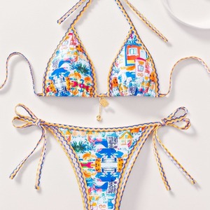 Venta al por mayor personalizado Floral impreso 1 pieza impermeable de secado rápido 100% poliéster Bikini traje de baño Halter Sexy para mujeres - Product Image 3