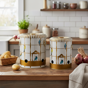 Metal Potato & Onion <b>Storage</b> <b>Bin</b> Set Dia 225x240 mm ( 2 Pcs ) Vintage Birdcage Illustration with Colorful Birds Bird Cage - Product Image 3