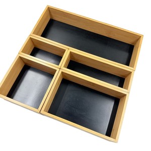 Caja de almacenamiento de bambú, juego de cinco piezas, organizador de oficina rectangular para organización de escritorio con forro negro - Product Image 1