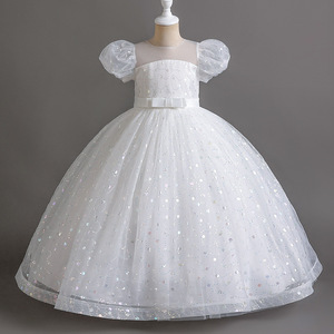 Abito da principessa con fiocco a manica a sbuffo bianco con ricami di paillettes abito da ballo di compleanno - Product Image 4