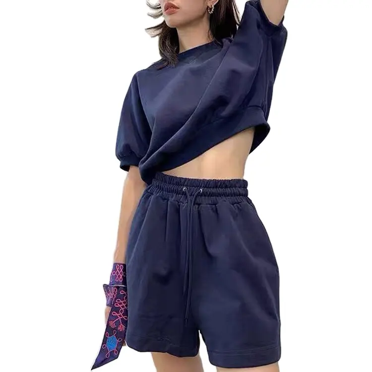 Custom New Fashion Solid Color Jumper Casual Short Women Short Sleeve Sweatshirt Sport Set