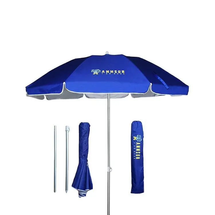 Color azul de alta calidad de lista de promoción impresión playa paraguas grande de exteriores de paraguas de playa